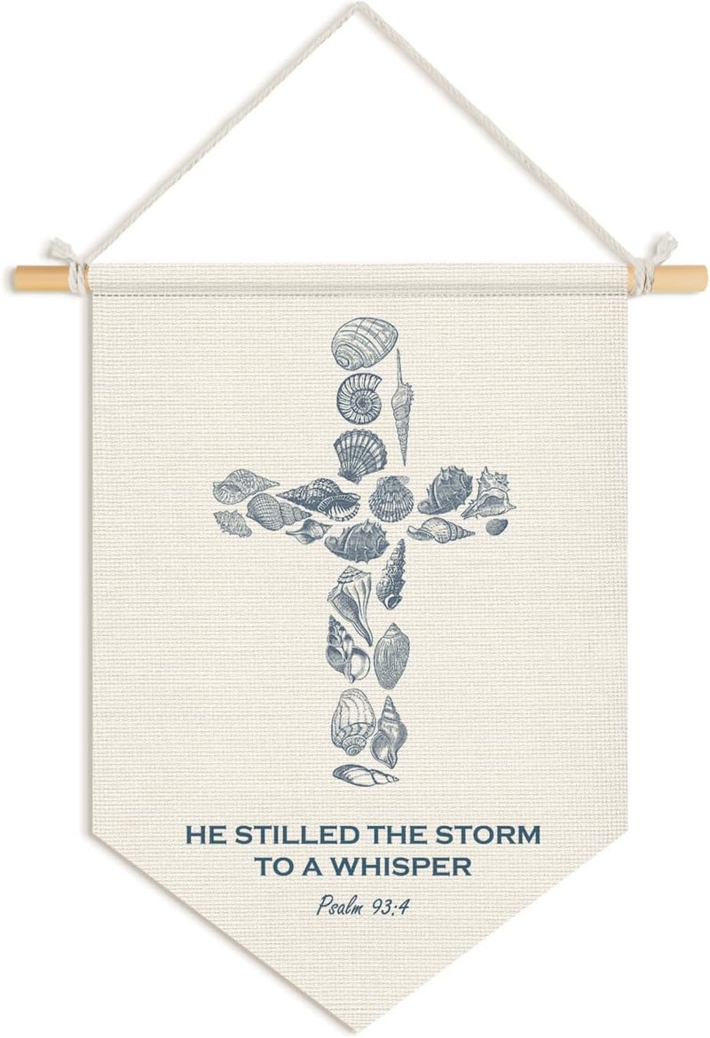 Wheatwin Christian Ocean Nursery Decor, Coastal Seashell Cross Bible Verse Wall Hanging Pennant Flag Banner, Ocean Wall Decor for Kids Nursery Toddler Room Bedroom Playroom 15x11 Inch - Image 1
